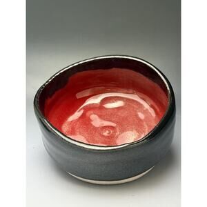Handmade Wabi-Sabi Ceramic Bowl – Black and Neutral Exterior Glossy Red Interior